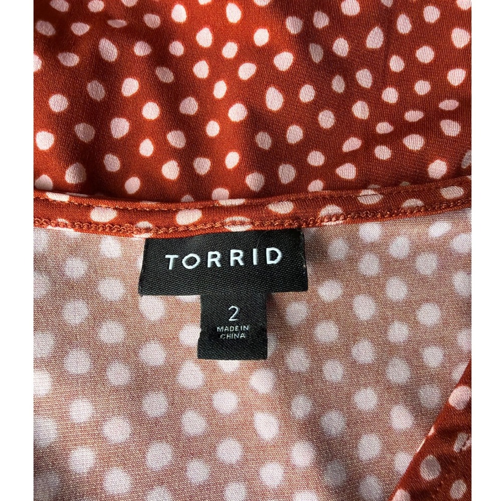 Torrid Rust Red Polka Dot Faux Wrap Midi Dress Puff Sleeve Ruffle Hem Size 2 - Picture 4 of 8